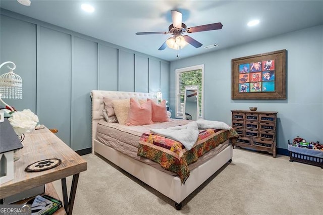 501 Rabun Ct, Canton, GA 30115 - bedroom with light colored carpet, a ceiling fan, and recessed lighting