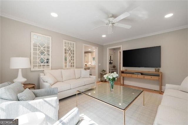3894 Land O Lakes Dr NE, Atlanta, GA 30342 - living room featuring crown molding, recessed lighting, and ceiling fan
