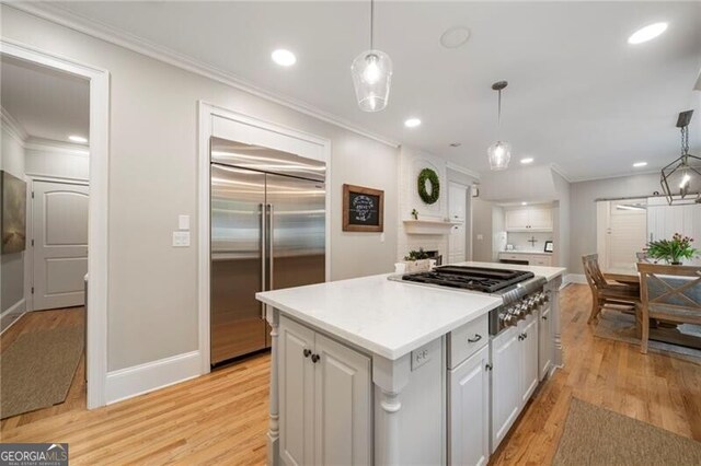3894 Land O Lakes Dr NE, Atlanta, GA 30342 - kitchen with stainless steel appliances, white cabinetry, crown molding, light wood-type flooring, and recessed lighting