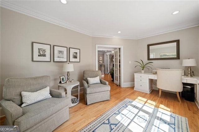 3894 Land O Lakes Dr NE, Atlanta, GA 30342 - living room with ornamental molding, an office area, recessed lighting, and light wood finished floors