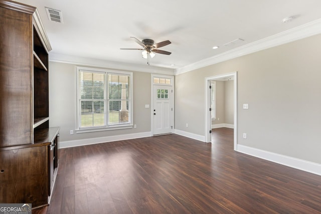 625 Henderson Mill Rd, Covington, GA 30014 - unfurnished living room with a ceiling fan, ornamental molding, baseboards, dark wood-style flooring, and recessed lighting