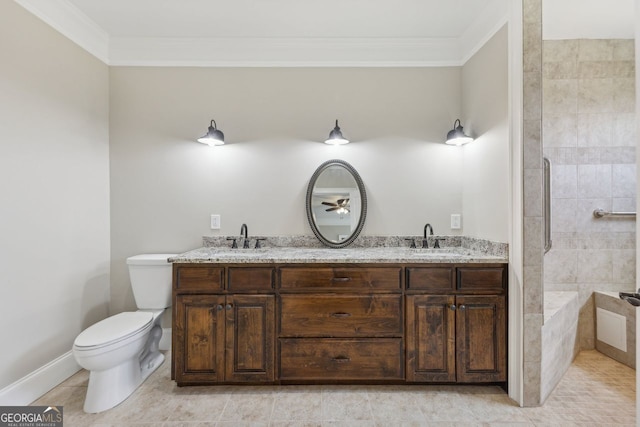 625 Henderson Mill Rd, Covington, GA 30014 - full bathroom with double vanity, ornamental molding, toilet, tiled shower, and tile patterned flooring