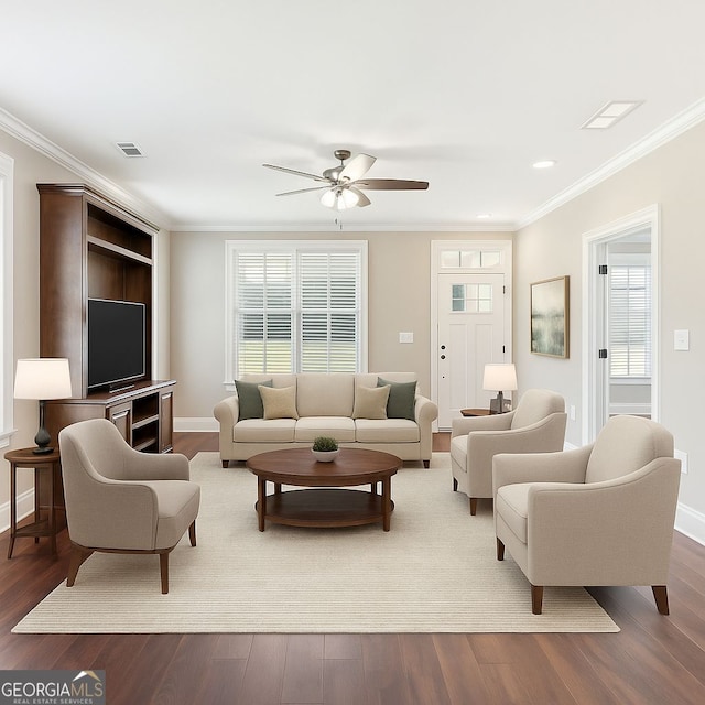 625 Henderson Mill Rd, Covington, GA 30014 - living room featuring a ceiling fan, crown molding, wood finished floors, baseboards, and recessed lighting