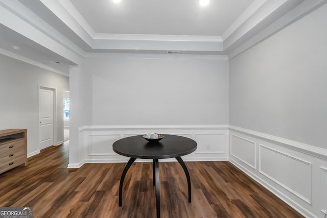 1243 Polk Xing, Mcdonough, GA 30252 - living area featuring crown molding, dark wood-type flooring, wainscoting, recessed lighting, and a raised ceiling