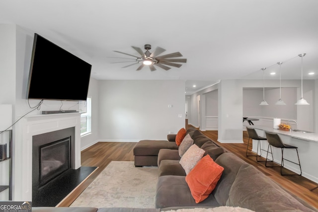 1243 Polk Xing, Mcdonough, GA 30252 - living area featuring wood finished floors, a ceiling fan, a glass covered fireplace, and recessed lighting