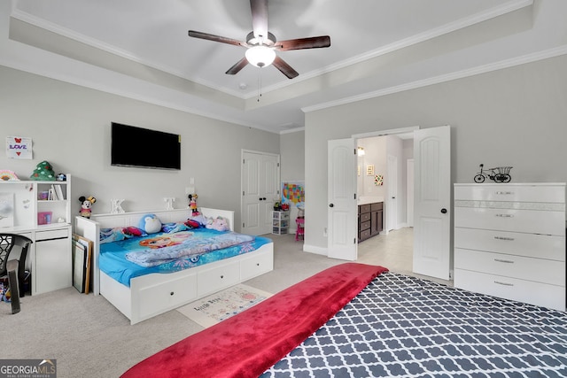 2740 Longacre Park Way, Lawrenceville, GA 30044 - carpeted bedroom with a tray ceiling, crown molding, and a ceiling fan