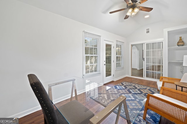 4941 Lighthouse Pointe, Acworth, GA 30101 - dining room with ceiling fan, baseboards, wood finished floors, and vaulted ceiling