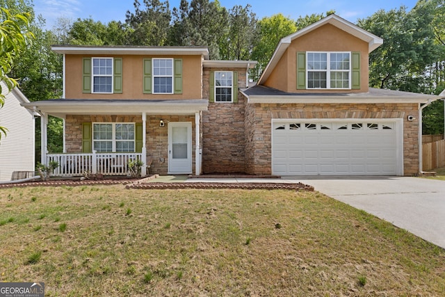 1450 Steam Engine Way NE, Conyers, GA 30013 - view of front facade featuring stone siding, concrete driveway, a porch, a garage, and stucco siding