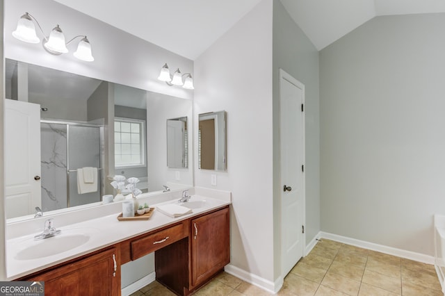 2725 Sedgeview Way, Buford, GA 30519 - full bathroom featuring double vanity, a stall shower, lofted ceiling, tile patterned flooring, and a bath