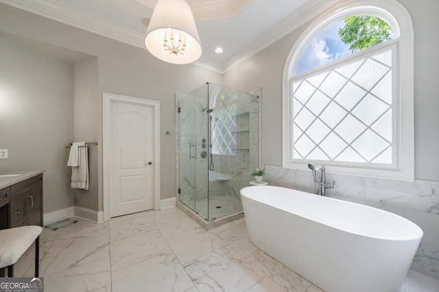 2101 Hunters Green Dr, Lawrenceville, GA 30043 - full bath with a freestanding tub, a shower stall, vanity, ornamental molding, and marble finish floors