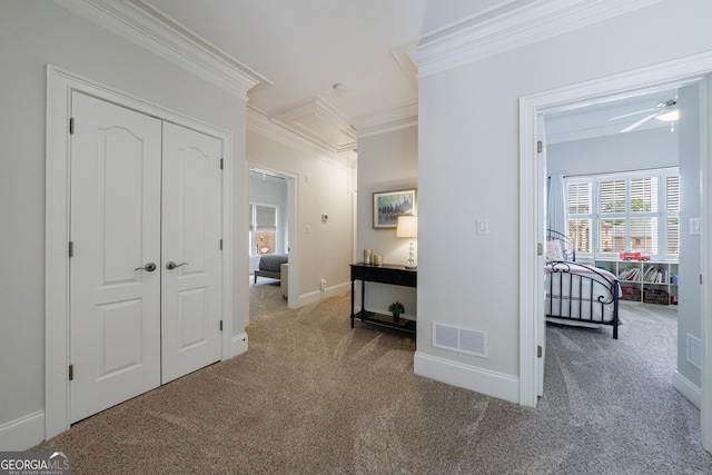 2101 Hunters Green Dr, Lawrenceville, GA 30043 - hall featuring carpet flooring, ornamental molding, and baseboards