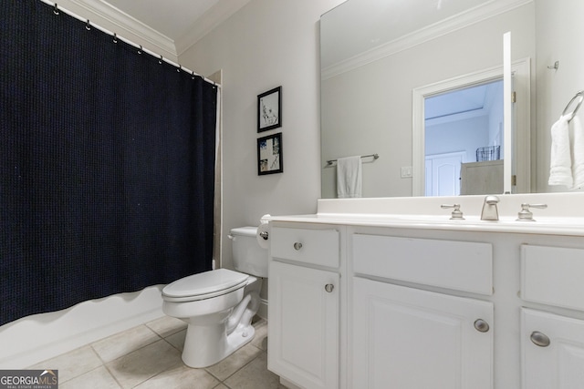 2101 Hunters Green Dr, Lawrenceville, GA 30043 - full bath featuring ornamental molding, toilet, vanity, tile patterned floors, and shower / bath combo with shower curtain