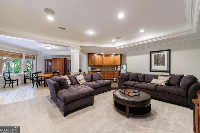 2101 Hunters Green Dr, Lawrenceville, GA 30043 - living area with ornate columns, ornamental molding, light tile patterned floors, and recessed lighting