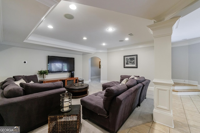2101 Hunters Green Dr, Lawrenceville, GA 30043 - living room with ornate columns, arched walkways, ornamental molding, light tile patterned floors, and recessed lighting