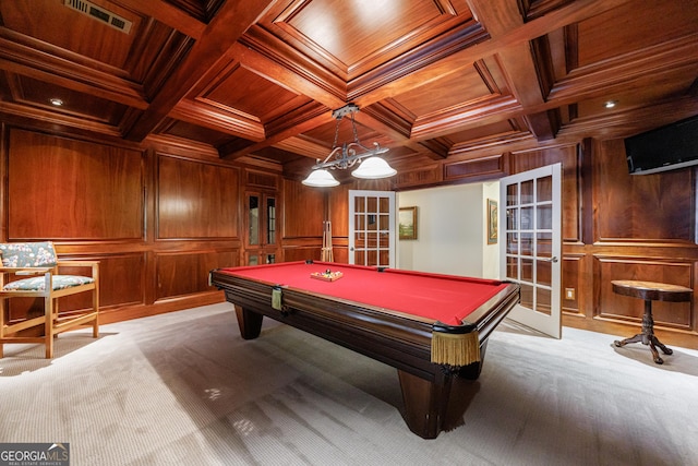 2101 Hunters Green Dr, Lawrenceville, GA 30043 - rec room featuring wood ceiling with exposed beams, french doors, wooden walls, carpet floors, and pool table