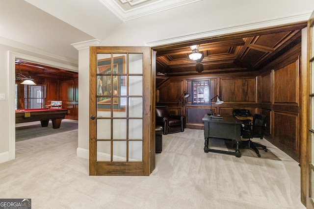 2101 Hunters Green Dr, Lawrenceville, GA 30043 - office with crown molding, light colored carpet, wooden walls, billiards table, and baseboards