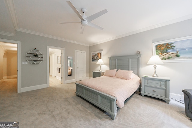 2101 Hunters Green Dr, Lawrenceville, GA 30043 - bedroom featuring light carpet, ornamental molding, baseboards, ensuite bathroom, and a ceiling fan