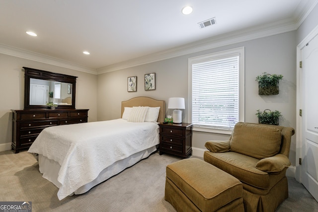 2101 Hunters Green Dr, Lawrenceville, GA 30043 - bedroom featuring light carpet, crown molding, baseboards, and recessed lighting