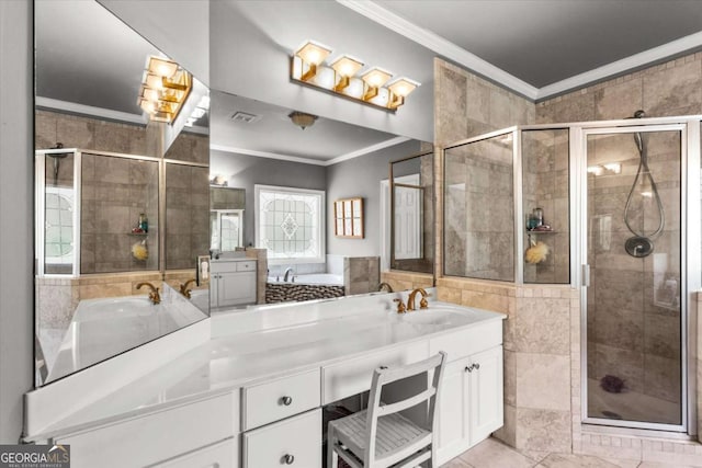 4251 Lantern Hill Dr, Dacula, GA 30019 - bathroom featuring ornamental molding, vanity, a shower stall, and a garden tub