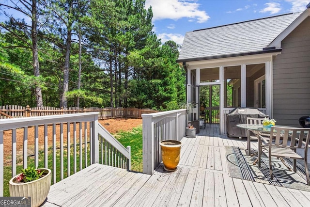 4251 Lantern Hill Dr, Dacula, GA 30019 - deck featuring a fenced backyard, a sunroom, and outdoor dining space