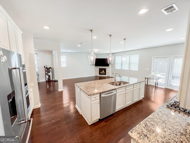 5229 Tye Trl, Fairburn, GA 30213 - kitchen featuring appliances with stainless steel finishes, a sink, a fireplace, dark wood-style flooring, and open floor plan