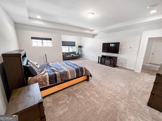 5229 Tye Trl, Fairburn, GA 30213 - bedroom with a tray ceiling, carpet flooring, recessed lighting, and baseboards