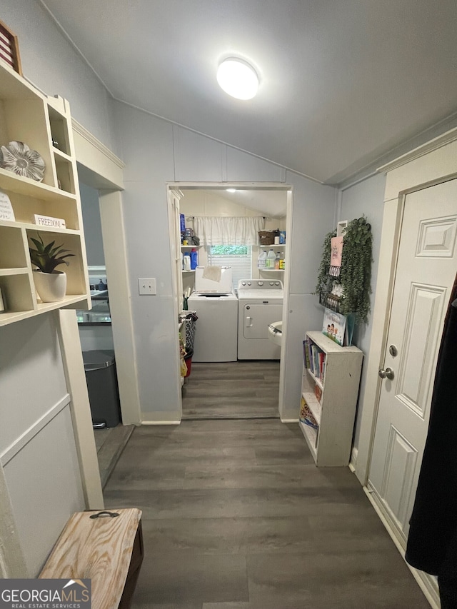1103 E 2nd Ave SE, Rome, GA 30161 - hallway featuring lofted ceiling, washer and dryer, and dark wood-type flooring