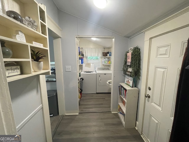 1103 E 2nd Ave SE, Rome, GA 30161 - washroom with washing machine and clothes dryer and dark wood-type flooring