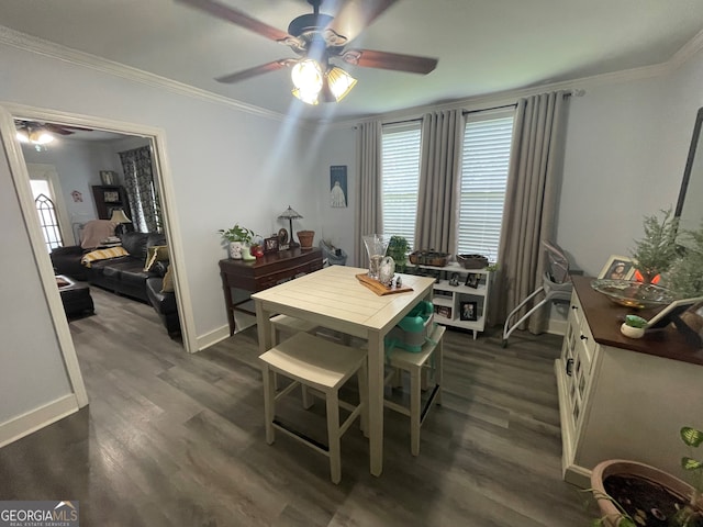 1103 E 2nd Ave SE, Rome, GA 30161 - dining area with a ceiling fan, dark wood finished floors, crown molding, and baseboards