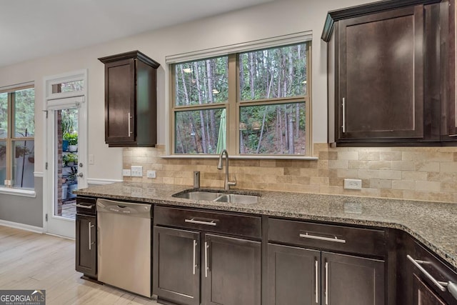 3982 Brockenhurst Dr, Buford, GA 30519 - kitchen featuring stainless steel dishwasher, a sink, stone counters, and dark brown cabinets