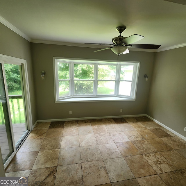 3140 Kipling Dr, Powder Springs, GA 30127 - empty room featuring plenty of natural light, ceiling fan, stone finish floors, and ornamental molding