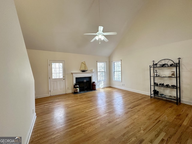 119 E Surry Ct, Athens, GA 30606 - unfurnished living room with ceiling fan, plenty of natural light, wood finished floors, and high vaulted ceiling