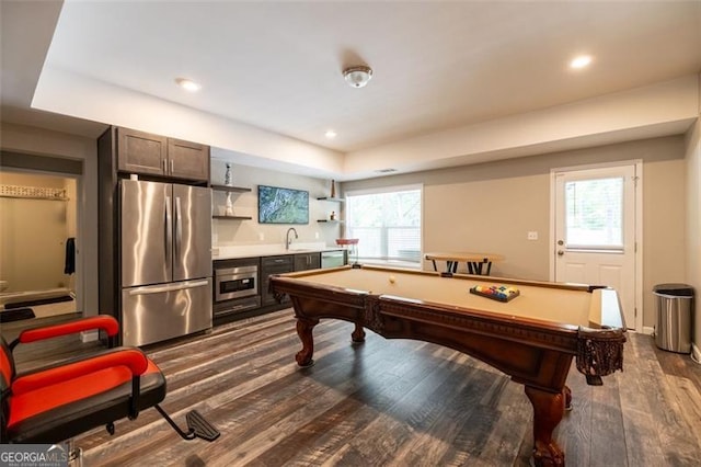 3589 Tamerton Trce, Buford, GA 30519 - playroom featuring bar with sink, dark wood-type flooring, healthy amount of natural light, pool table, and recessed lighting