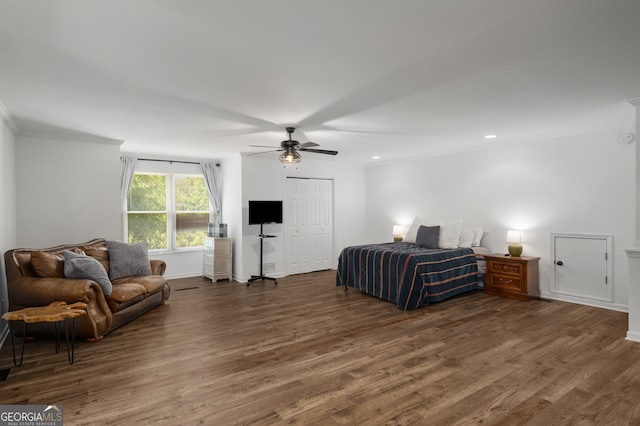 3142 Chamblee Gap Rd, Cumming, GA 30040 - bedroom featuring crown molding, dark wood finished floors, a ceiling fan, recessed lighting, and a closet