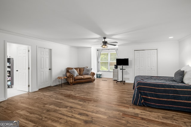 3142 Chamblee Gap Rd, Cumming, GA 30040 - bedroom featuring ornamental molding, wood finished floors, ceiling fan, and recessed lighting
