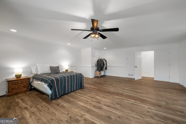 3142 Chamblee Gap Rd, Cumming, GA 30040 - bedroom featuring crown molding, wood finished floors, recessed lighting, and ceiling fan