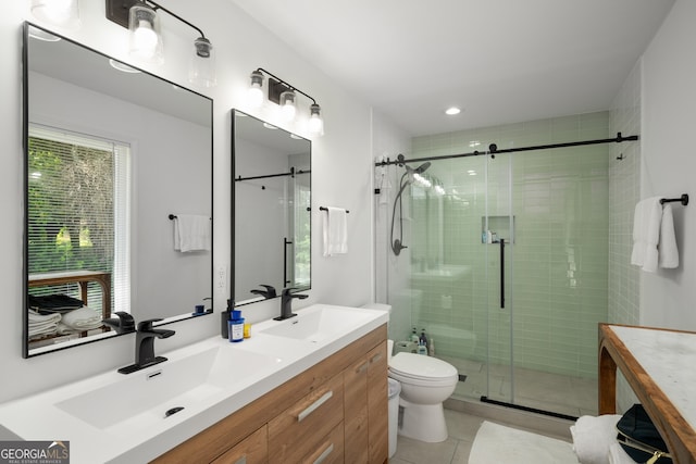 3142 Chamblee Gap Rd, Cumming, GA 30040 - full bathroom featuring double vanity, tile patterned floors, a shower stall, and recessed lighting