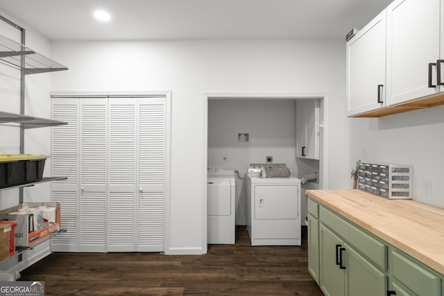 3142 Chamblee Gap Rd, Cumming, GA 30040 - laundry area featuring separate washer and dryer, cabinet space, dark wood finished floors, and recessed lighting