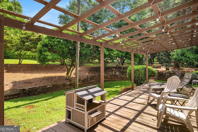 3142 Chamblee Gap Rd, Cumming, GA 30040 - wooden deck featuring a pergola and a lawn