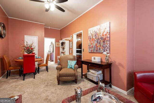 791 E Main St, Canton, GA 30114 - carpeted living area with a ceiling fan and ornamental molding
