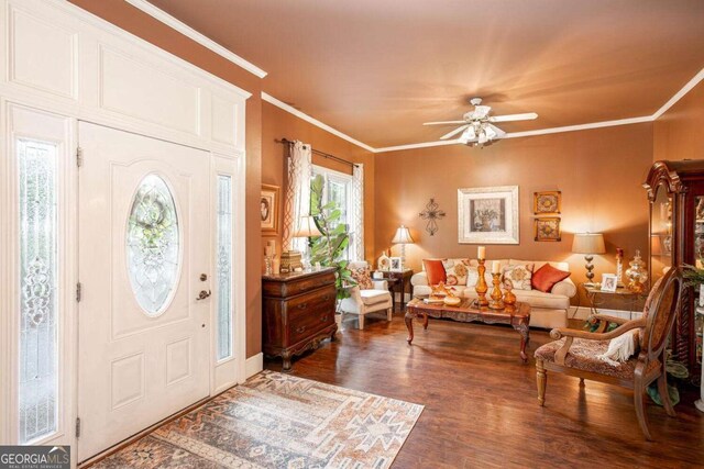 791 E Main St, Canton, GA 30114 - foyer entrance with wood finished floors, a ceiling fan, and ornamental molding