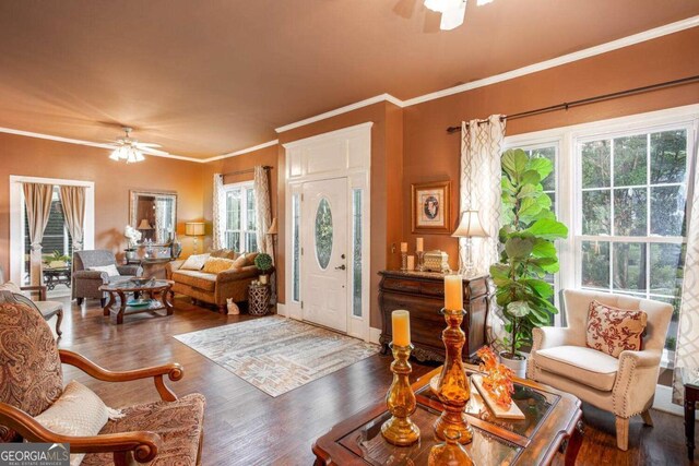 791 E Main St, Canton, GA 30114 - living area with a ceiling fan, wood finished floors, and ornamental molding