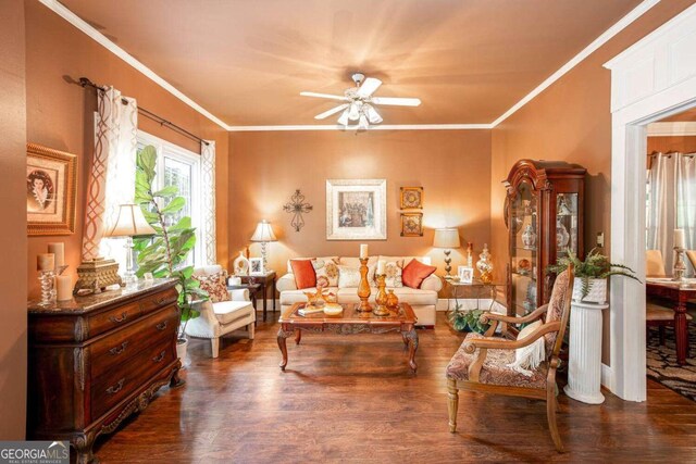 791 E Main St, Canton, GA 30114 - living area featuring a ceiling fan, wood finished floors, and ornamental molding