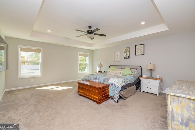 979 Rowe Rd, Senoia, GA 30276 - bedroom featuring a tray ceiling, carpet, baseboards, recessed lighting, and a ceiling fan