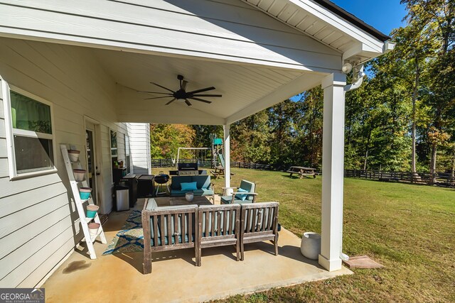 979 Rowe Rd, Senoia, GA 30276 - view of patio / terrace featuring outdoor lounge area, a ceiling fan, and a playground