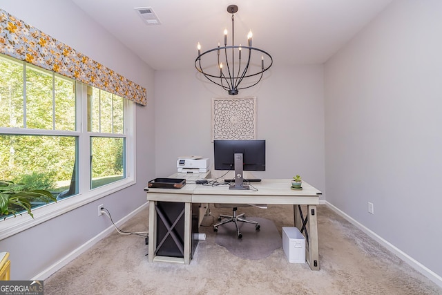 979 Rowe Rd, Senoia, GA 30276 - office featuring a chandelier, light colored carpet, and baseboards