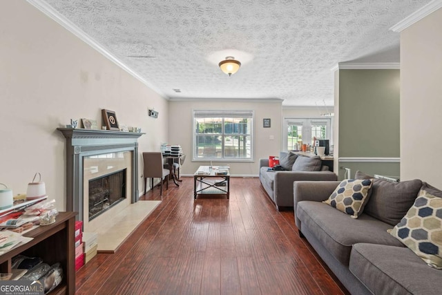 850 Long Branch Cir, Sugar Hill, GA 30518 - living area with a premium fireplace, dark wood-type flooring, ornamental molding, and a textured ceiling
