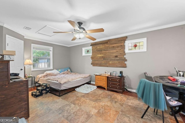 850 Long Branch Cir, Sugar Hill, GA 30518 - bedroom featuring crown molding, stone finish floors, baseboards, and ceiling fan