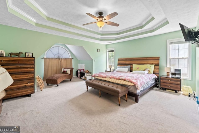 850 Long Branch Cir, Sugar Hill, GA 30518 - bedroom with a raised ceiling, carpet floors, ornamental molding, multiple windows, and a ceiling fan
