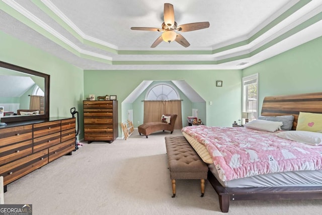 850 Long Branch Cir, Sugar Hill, GA 30518 - carpeted bedroom featuring a raised ceiling, ornamental molding, and ceiling fan